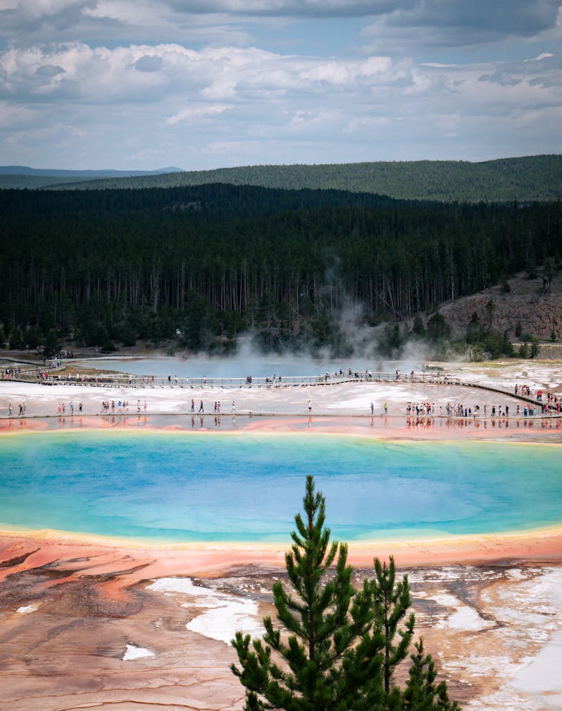 Stunning aerial shot of the colorful Great Prismatic Spring in Yellowstone National Park.